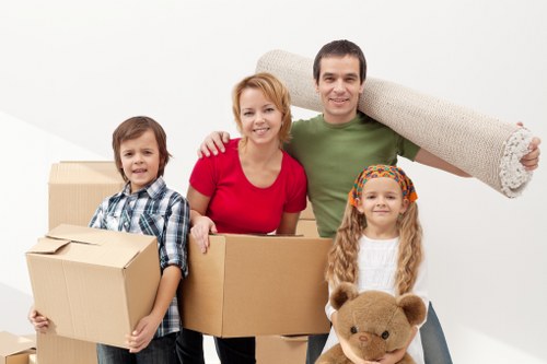 Organized mobile self storage unit with boxes and furniture